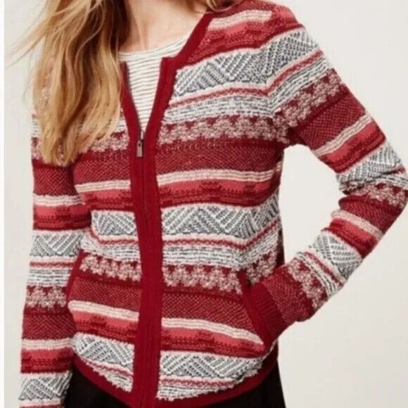 Ann Taylor Loft Cardigan Sweater Womens Size XS Red Multi Striped Full‎ Zip Knit - Picture 2 of 10